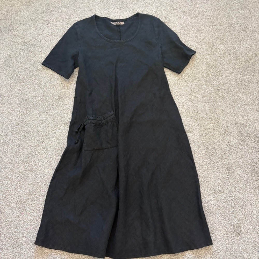 Flax Midi Dress Womens S Black Linen Short Sleeve Relaxed Casual Beach